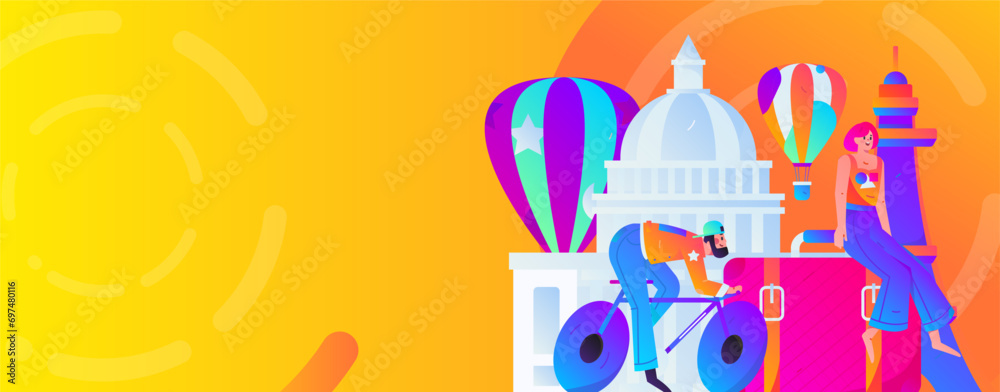 Obraz premium Holiday travel travel characters internet background vector hand drawn illustration 