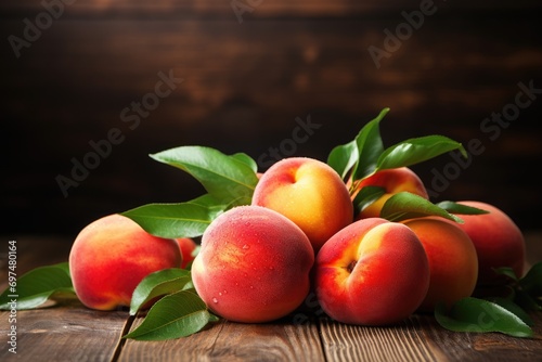 Ripe peaches with leaves on a wooden background. Selective focus, Fresh peaches on a wood background, AI Generated