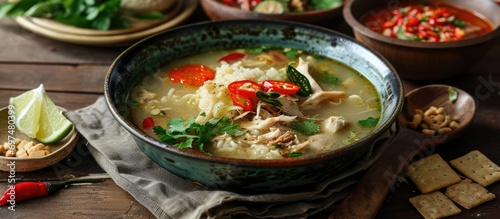 Traditional Indonesian soup called Soto Ayam Sokaraja, also known as sroto, tauto, saoto, or coto, made with broth, meat/chicken, and veggies. Served with peanut sauce, lime, and crackers.
