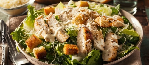 Chicken Caesar Salad with Parmesan, croutons, and creamy Italian dressing.