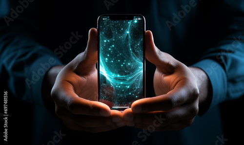 hand holding phone with Abstract background of screen