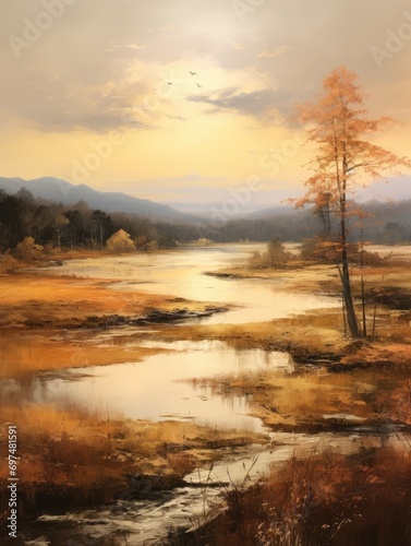 Gilded Mountain Sunset River Landscape Oil Painting, Nature Travel Camping Hiking Fine Art, Tourism Wallpapers, Poster Backgrounds
