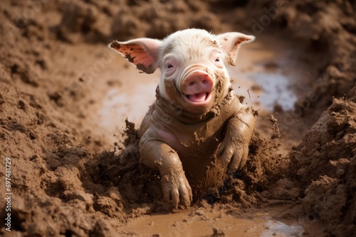 A joyful piglet rolling in the mud.