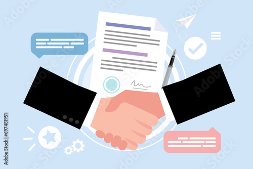 Business people shaking hand in front of a signed contract, partnership concept, handshake, document signing. Successful contract, contract, Cooperation, Business concept Vector illustration.