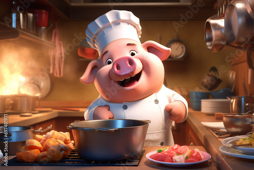 3D character illustration of pig chef cooking in the kitchen