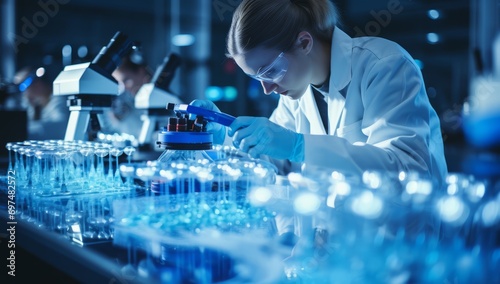 Scientists Examining Samples Under Microscope. Scientists focused on examining microscopic samples in blue-lit lab.