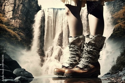 Legs admiring waterfall. Generative AI