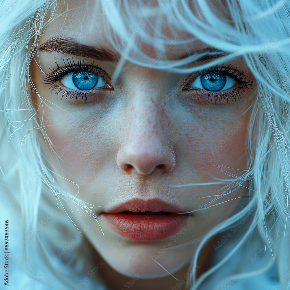 Pretty European Face face portrait of a pretty woman with big blue eyes big lips and blond ...