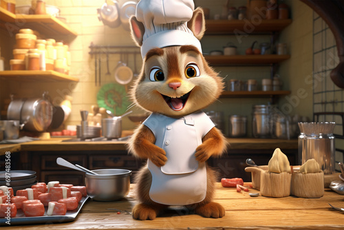 3D character illustration of squirrel chef cooking in the kitchen