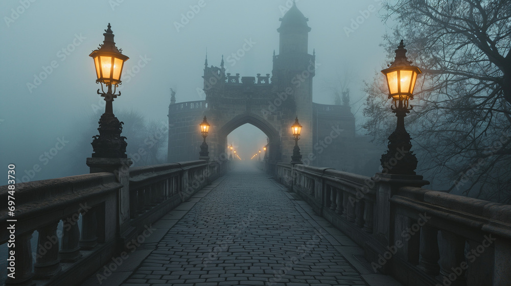 mystery setting - foggy london bridge - obrazy, fototapety, plakaty 