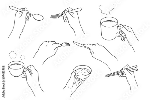 カトラリーや食器を持つ手・線画のみ