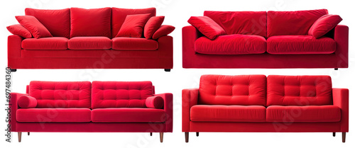Red sofa isolated on transparent background.

