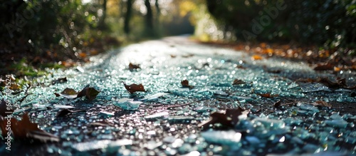 Vandalism damages cycle path with broken glass.