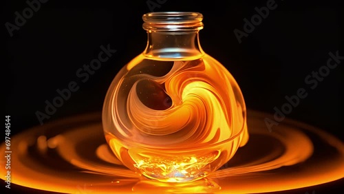 A captivating closeup of a small glass flask filled with a clear liquid, inside of which lies a single bubble surrounded by swirling light. This is the fascinating result of sonoluminescence, photo