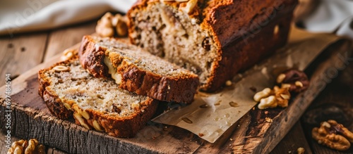 Banana bread with walnuts, cut into slices.