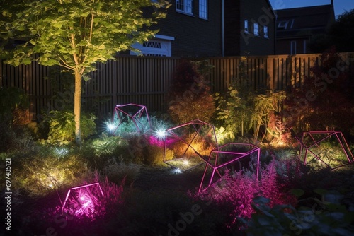 Lit garden with bright geometric lights. Generative AI