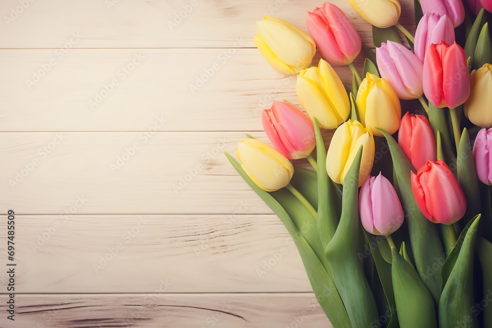 Generative AI : beautiful tulips on wooden background Generative AI : beautiful tulips on wooden background