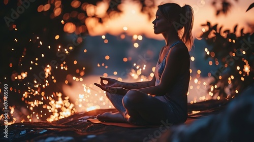 Generative AI : yoga woman sitting in yoga pose meditating with sparklers in the background