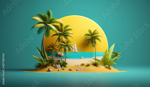 A hand drawn beach illustration of the shape of the moon behind him and a Palm tree