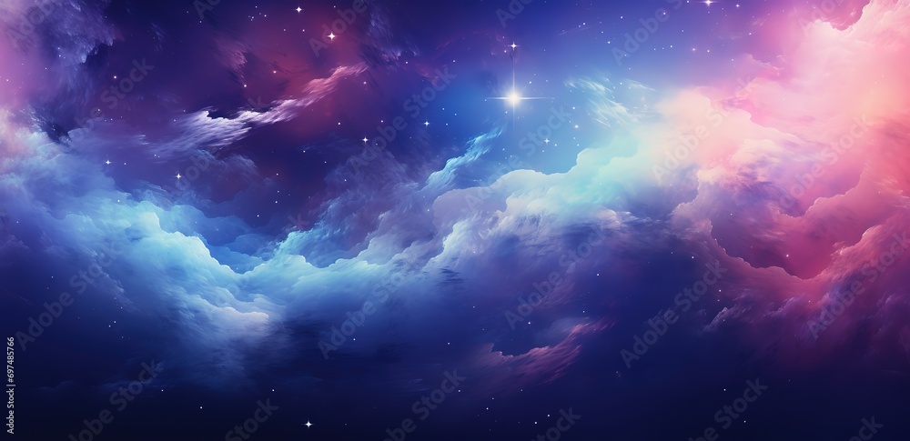 The background is a beautiful blue pink and purple galaxy view
