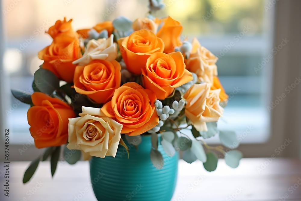Obraz premium Generative AI : Vase with beautiful orange roses on table against beige wall