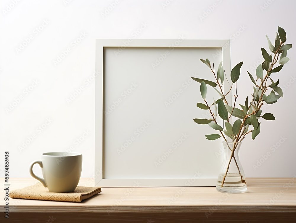 Generative AI : Cup of coffee, books and empty picture frame mockup on wooden desk Generative AI : Cup of coffee, books and empty picture frame mockup on wooden desk