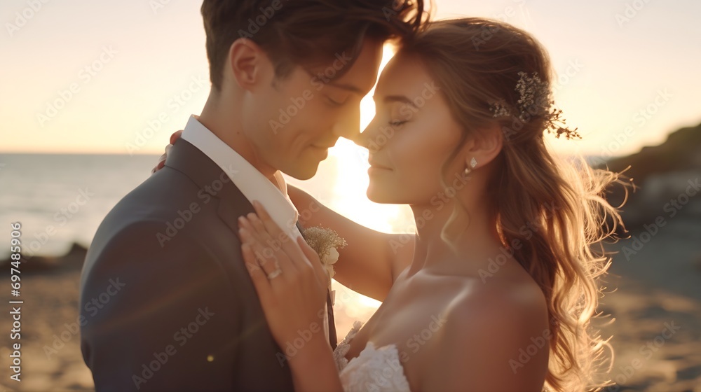 Generative AI : Close-up of bride and groom on the beach Generative AI : Close-up of bride and groom on the beach