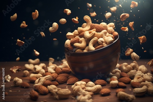 Generative AI : Flying dried fruits and nuts. The mix of nuts and raisins