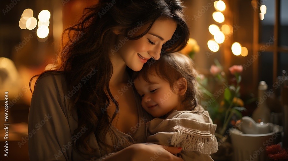 Generative AI : Young beautiful loving mother wearing white dress holding cute baby Generative AI : Young beautiful loving mother wearing white dress holding cute baby