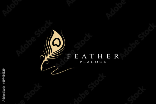 Golden Peacock feather signature pen logo design template flat vector