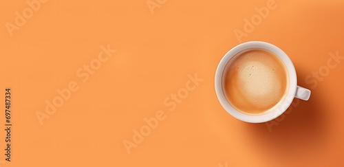 cup of coffee photographed from above on orange background. generative AI