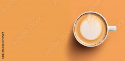 cup of coffee photographed from above on orange background. generative AI