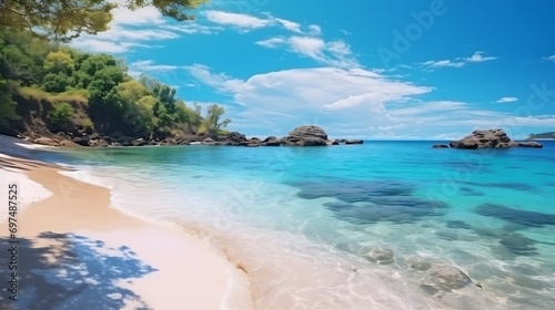 Generative AI   Nature landscape view of beautiful tropical beach and sea in sunny day.