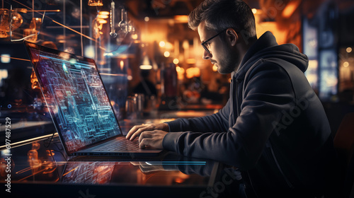 man working on laptop at night