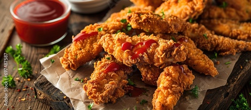 Breaded chicken strips served on a table