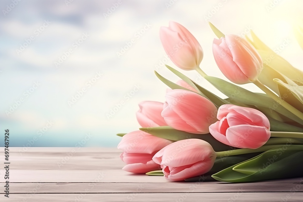 Generative AI : beautiful tulips on wooden background Generative AI : beautiful tulips on wooden background