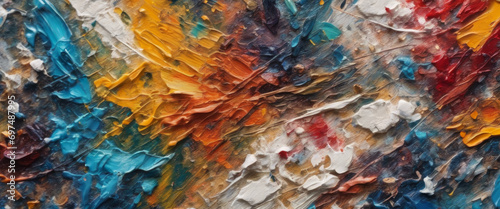Oil brushes and pallet knives, a canvas is painted with a colorful and abstract texture that has a coarse appearance.
