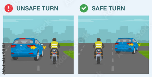 Safe driving tips and traffic regulation rules. Safe and unsafe right turn on road. Back view of suv cutting off the motorcycle rider. Flat vector illustration template.