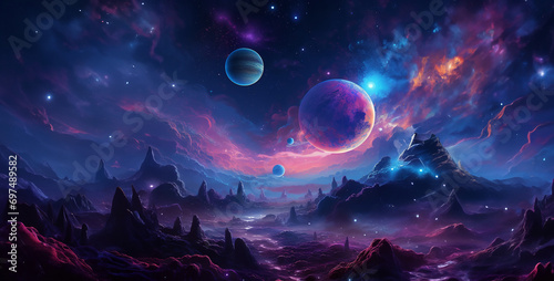 a cosmic scene with planets in the background animated, background with space, alien planet in space