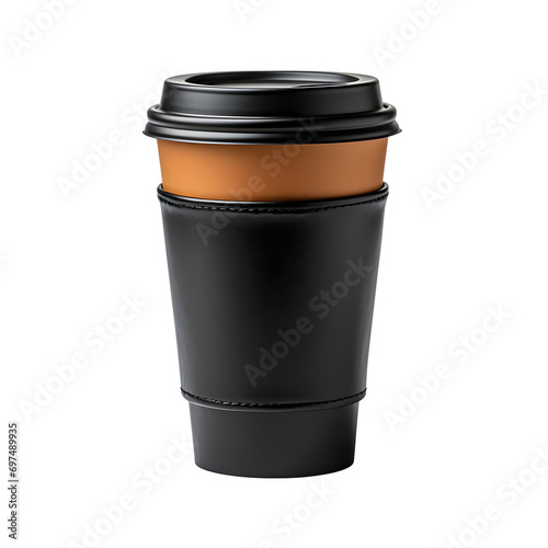 Takeaway black paper coffee cup with sleeve isolated on transparent background Generative AI