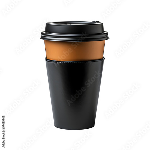 Takeaway black paper coffee cup with sleeve isolated on transparent background Generative AI