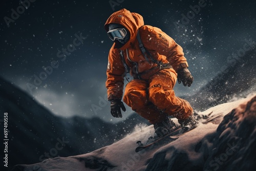 Illustration of extreme sport combining mountain climbing and snowboarding in orange suit for advertising design. Generative AI photo