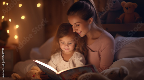 Mother and child reading a book at night before bed.