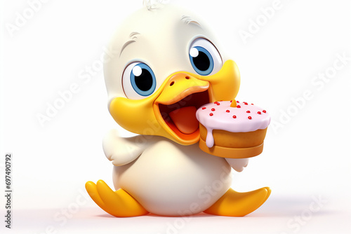 3d character cute duck and cake on white background photo