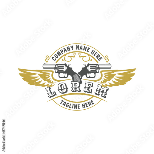 Vintage Retro Spread Wings and Cowboy Texas Crossed Guns Badge Emblem Logo