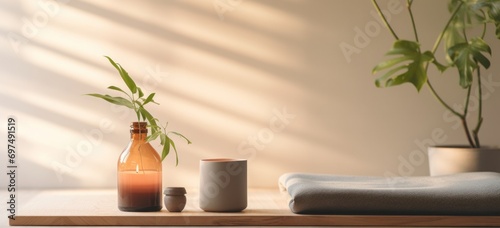 Zen spa atmosphere with essential oils and plant. Wellness and relaxation.