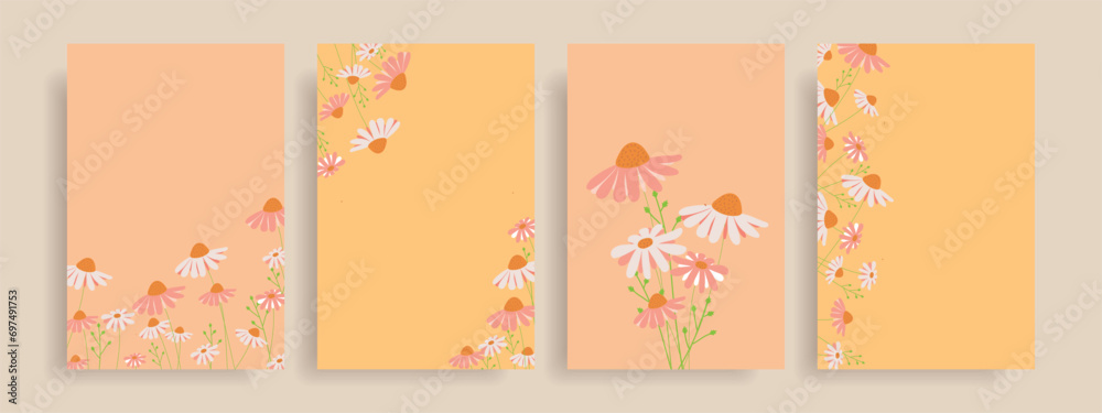 Set of backgrounds with daisies. Vector illustration for card, banner, invitation, social media, poster, advertising.