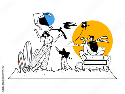 24 solar terms: Beginning of spring, rain, awakening of insects, spring breeze, Qingming Festival, Grain Rain, flat character vector concept operation hand-drawn illustration
