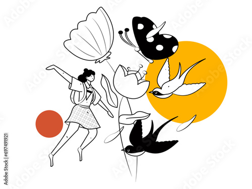 24 solar terms: Beginning of spring, rain, awakening of insects, spring breeze, Qingming Festival, Grain Rain, flat character vector concept operation hand-drawn illustration
