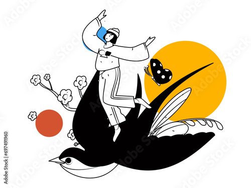 24 solar terms: Beginning of spring, rain, awakening of insects, spring breeze, Qingming Festival, Grain Rain, flat character vector concept operation hand-drawn illustration
